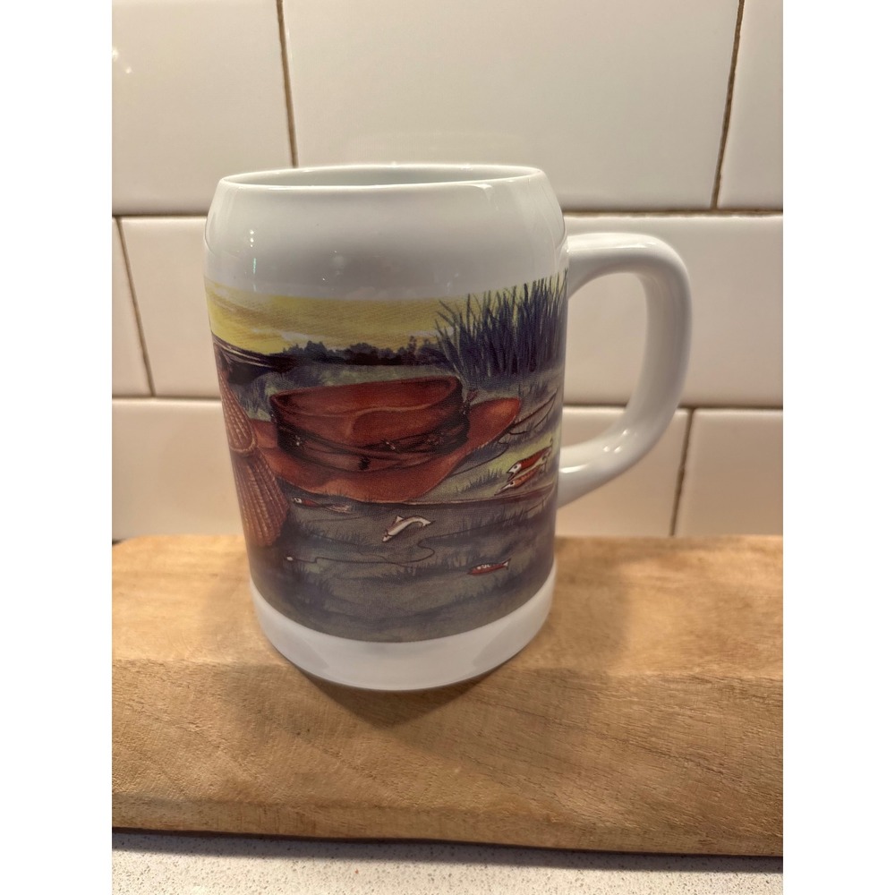 Vintage Fly Fishing Scene Ceramic Beer Stein Mug Creel Net Graphic Thailand
